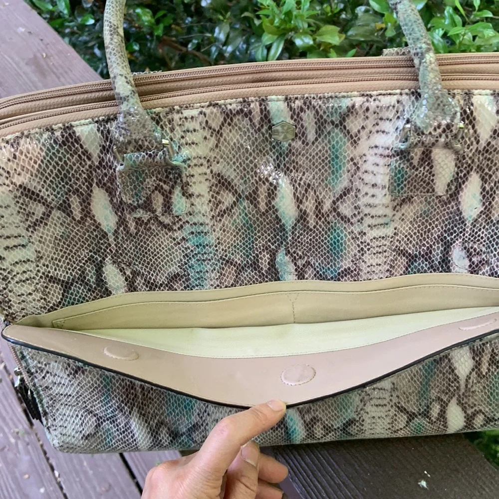 Lodis Snake-Print Laptop Bag in Cream, Brown & Teal